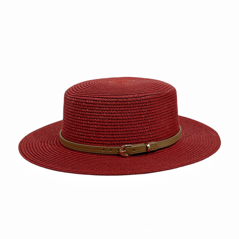 Fashion Red Khaki Belt Straw Large Brim Sun Hat