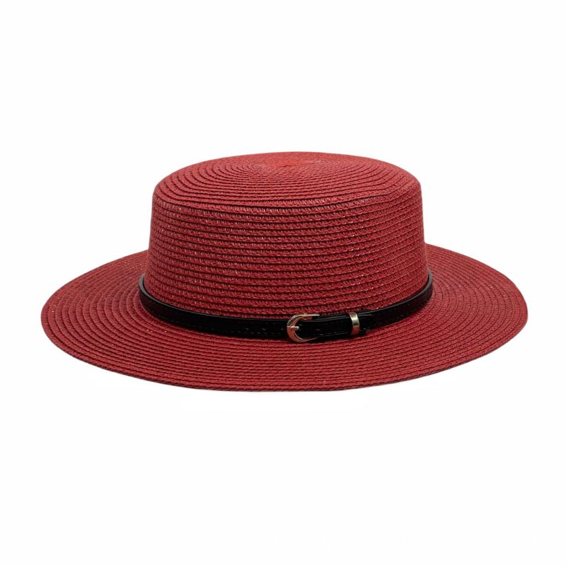 Fashion Red Black Belt Straw Large Brim Sun Hat