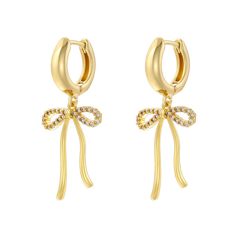 Fashion 7# Gold Plated Copper Bow Earrings With Diamonds