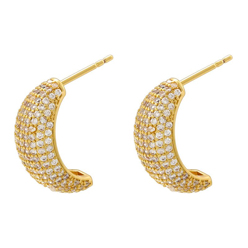Fashion 1 Pair Of Golden White Diamonds Copper Diamond C-shaped Stud Earrings
