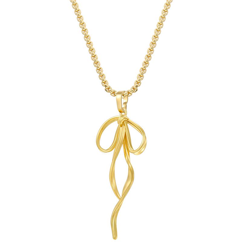 Fashion Gold Copper Glossy Ribbon Bow Necklace