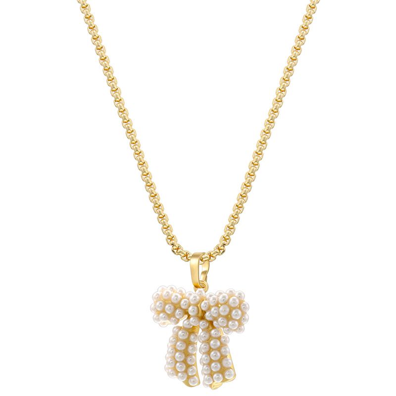 Fashion Gold Copper Inlaid Pearl Bow Necklace
