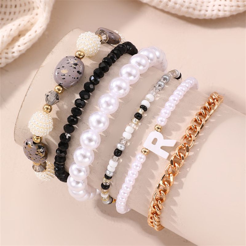 Fashion Gold Alloy Pearl Crystal Beaded Letter Anklet Set