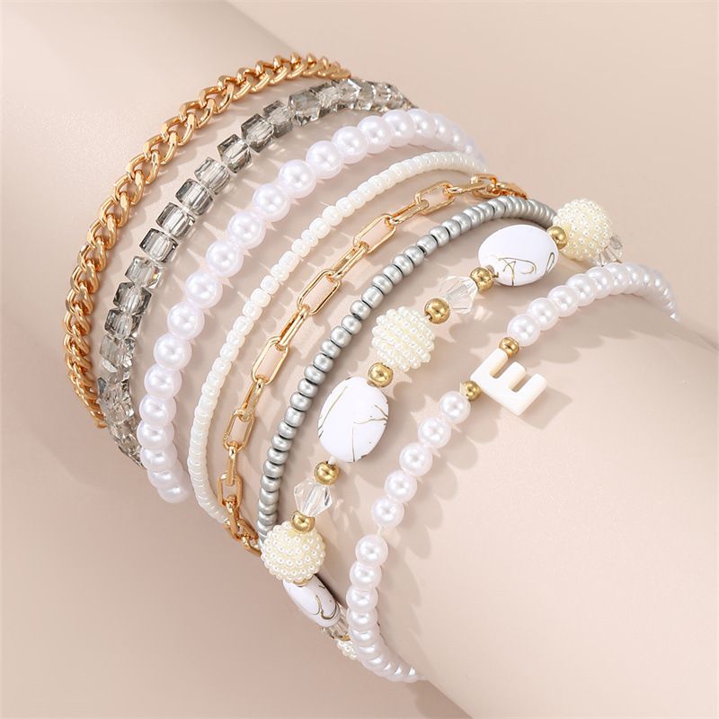 Fashion Color Alloy Pearl Rice Beads Beaded Letter Anklet Set