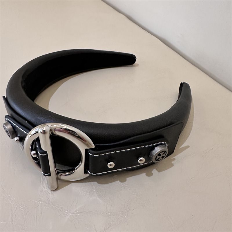 Fashion Black Leather Wide-brimmed Headband With Metal Buckle