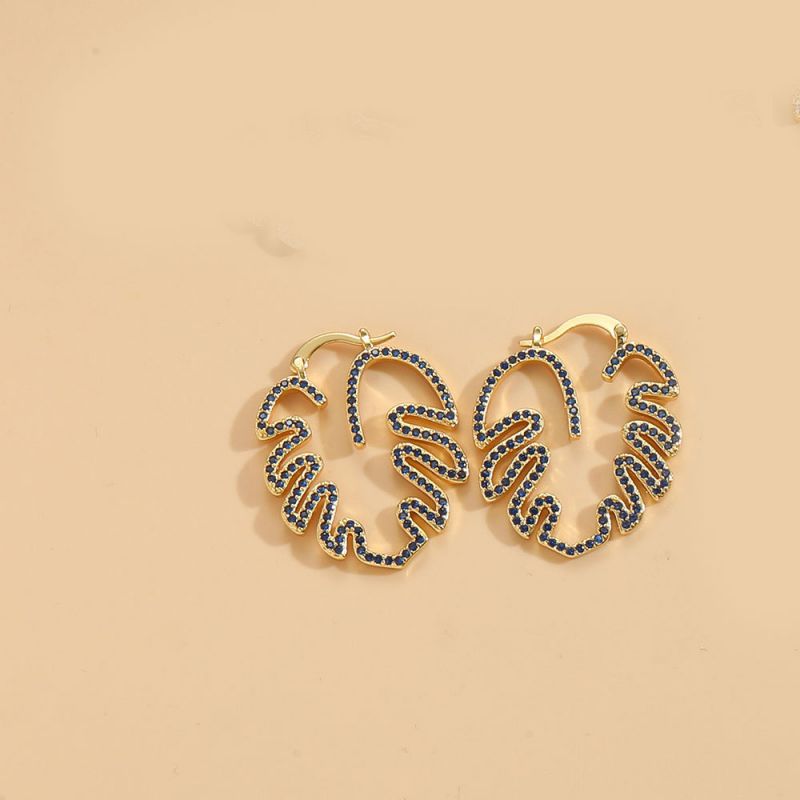 Fashion Royal Blue Copper Inlaid Diamond Hollow Leaf Earrings