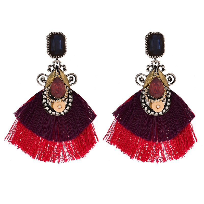Fashion Purple + Rose Red Alloy Diamond Contrast Color Pendant Tassel Stud Earrings