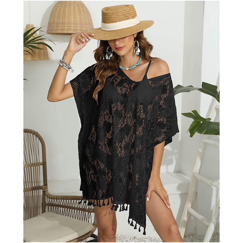 Fashion Black See-through Lace Fringed Overskirt