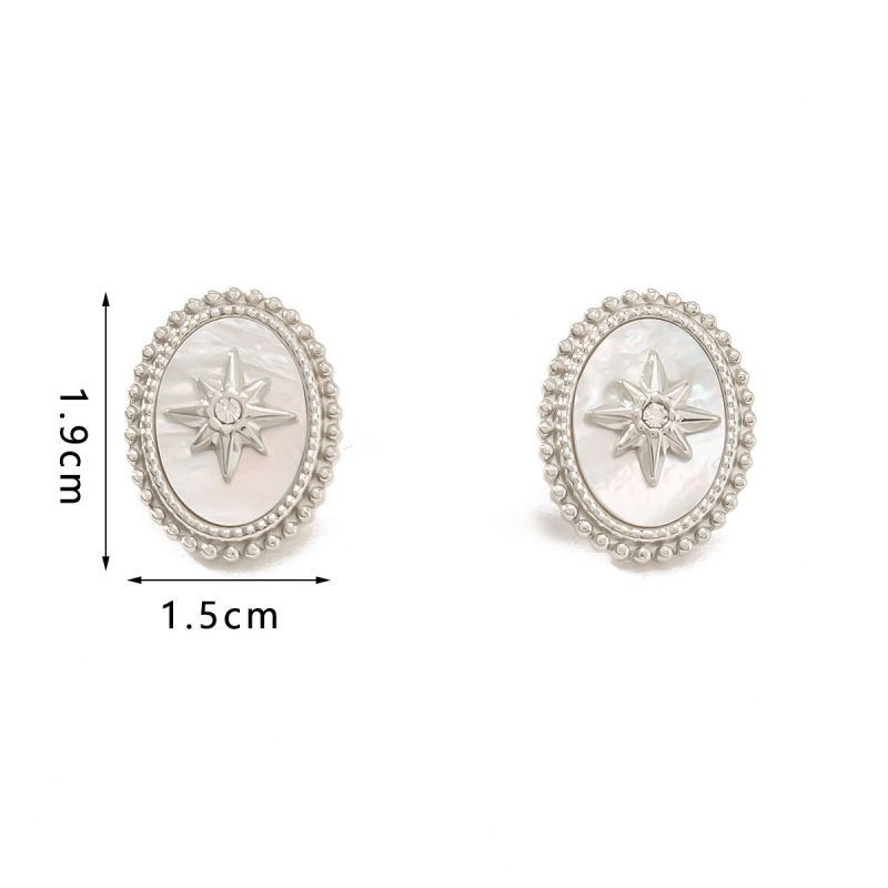 Fashion Silver Titanium Steel Diamond Eight-pointed Star Oval Stud Earrings
