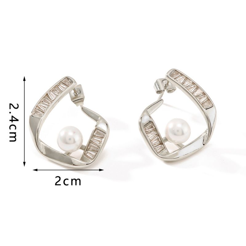 Fashion Silver Stainless Steel Zirconium Pearl Stud Earrings