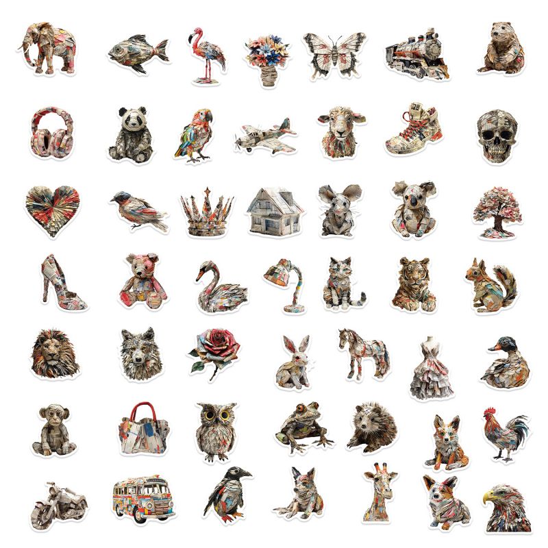 Fashion Sticker 50 Pieces Of Newspaper Sculpture Animal Waterproof Stickers