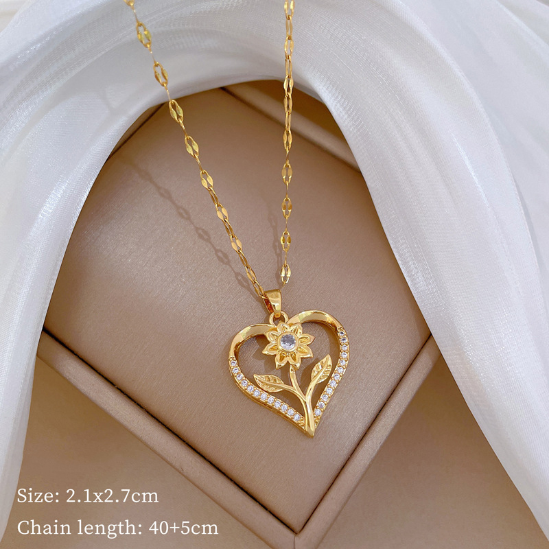 Fashion 20# Titanium Steel Diamond Heart Flower Necklace