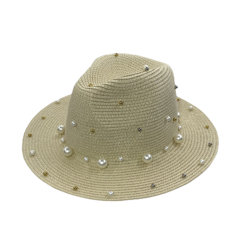 Fashion Beige Straw Pearl Flat Brim Sun Hat