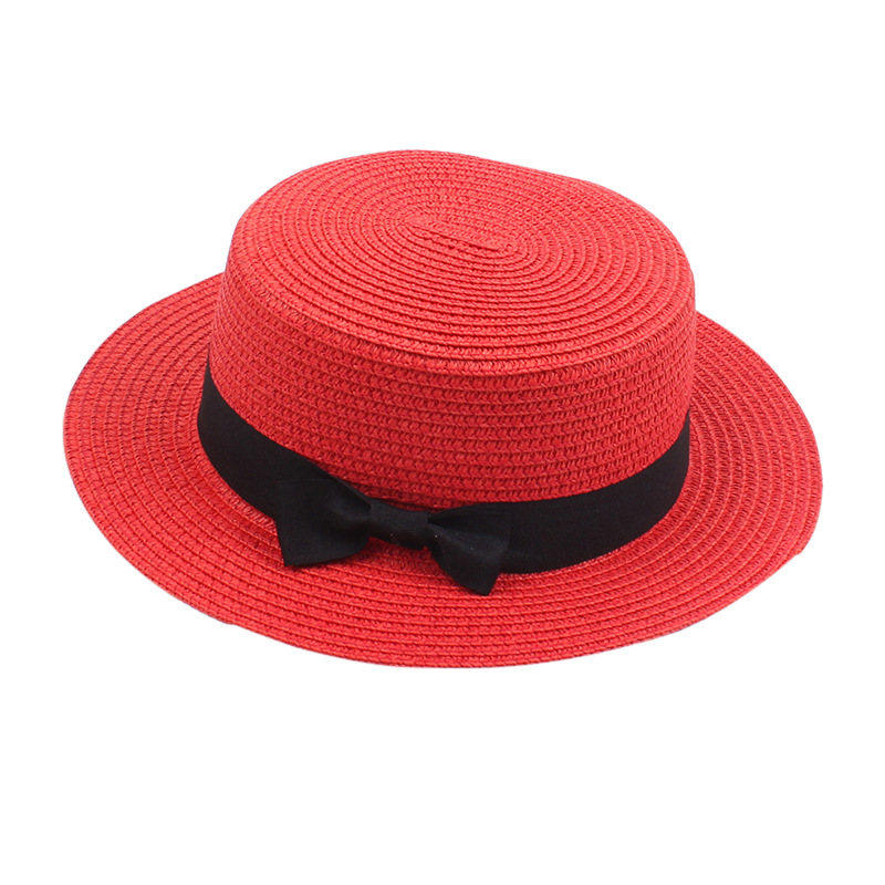 Fashion Red Straw Small Brim Flat Top Sun Hat
