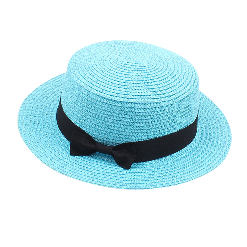 Fashion Lake Blue Straw Small Brim Flat Top Sun Hat