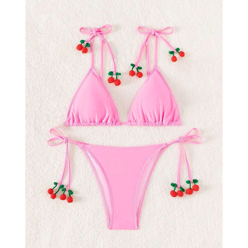 Fashion Pink Nylon Cherry Fringe Lace-up Tankini Swimsuit Bikini