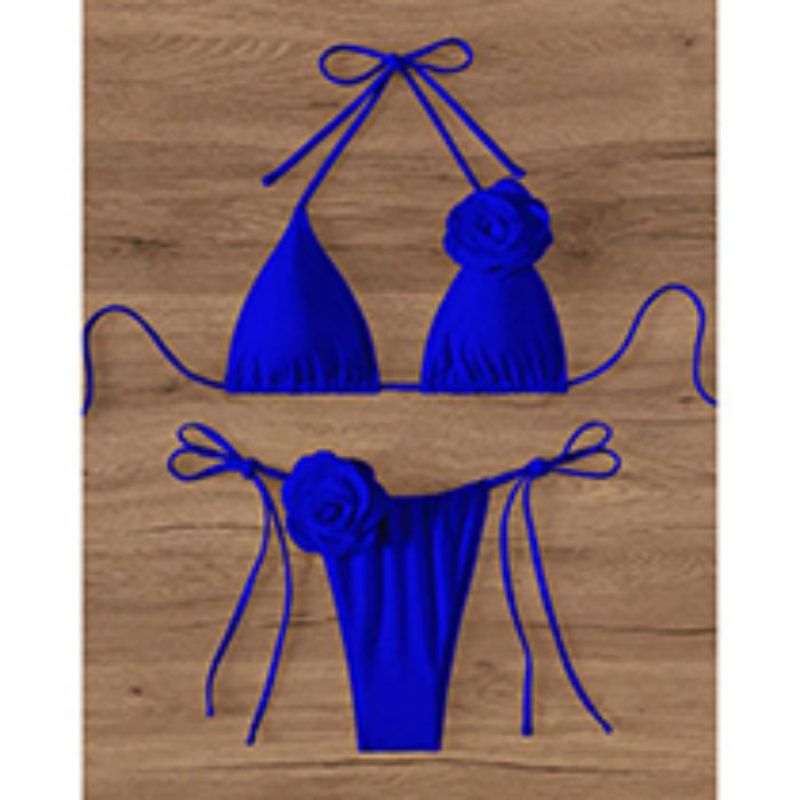 Fashion Royal Blue Polyester Floral Halter Neck Tankini Swimsuit Bikini