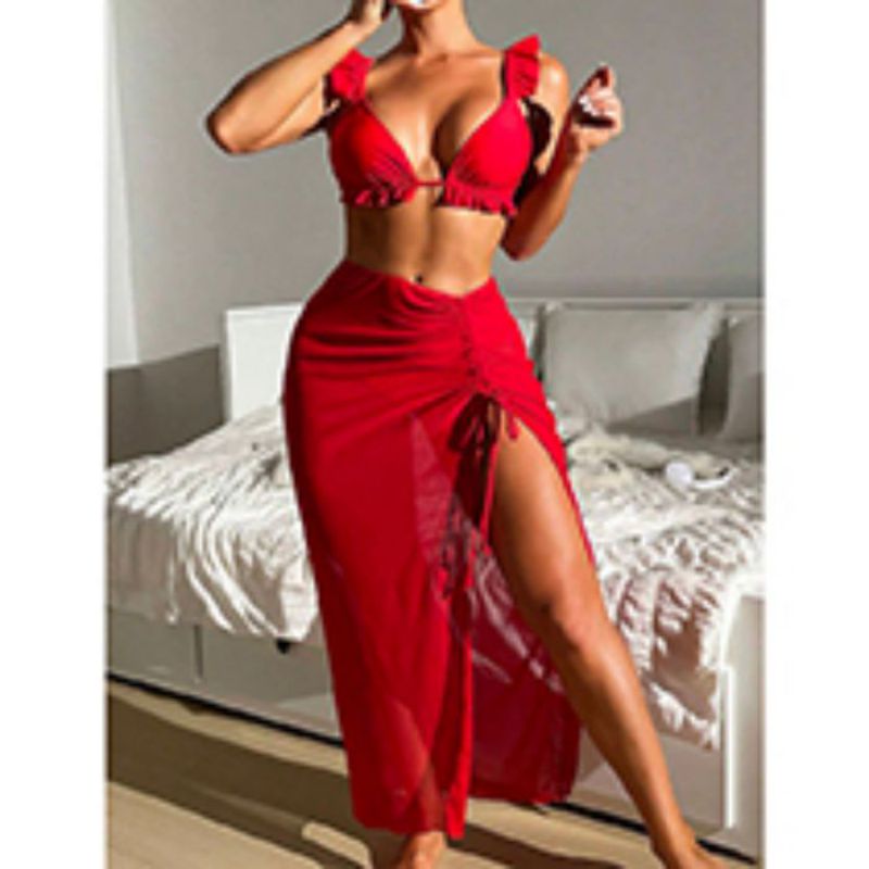Fashion Red Polyester Tankini Swimsuit Bikini Mesh Beach Skirt Set