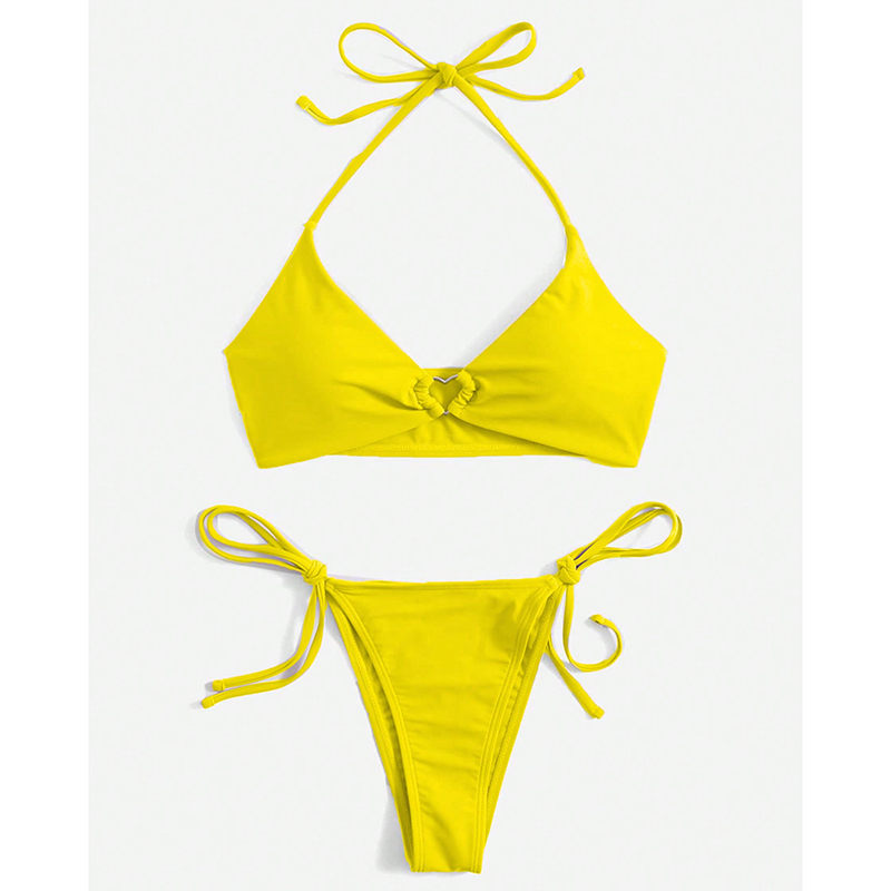 Fashion Lemon Yellow Nylon Halterneck Lace-up One-piece Swimsuit Bikini