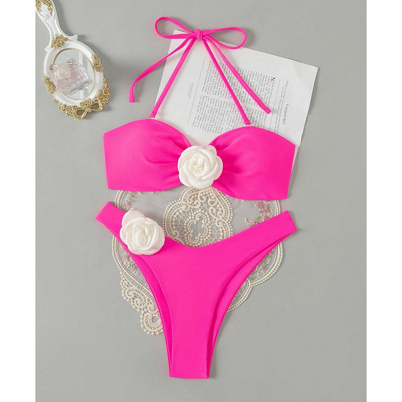 Fashion Glitter Nylon Halterneck Lace-up Floral One-piece Swimsuit Bikini