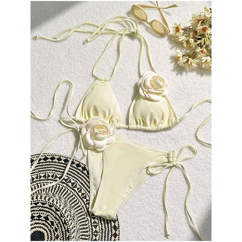 Fashion Milky Nylon Three-dimensional Flower Halter Neck Split Swimsuit Bikini