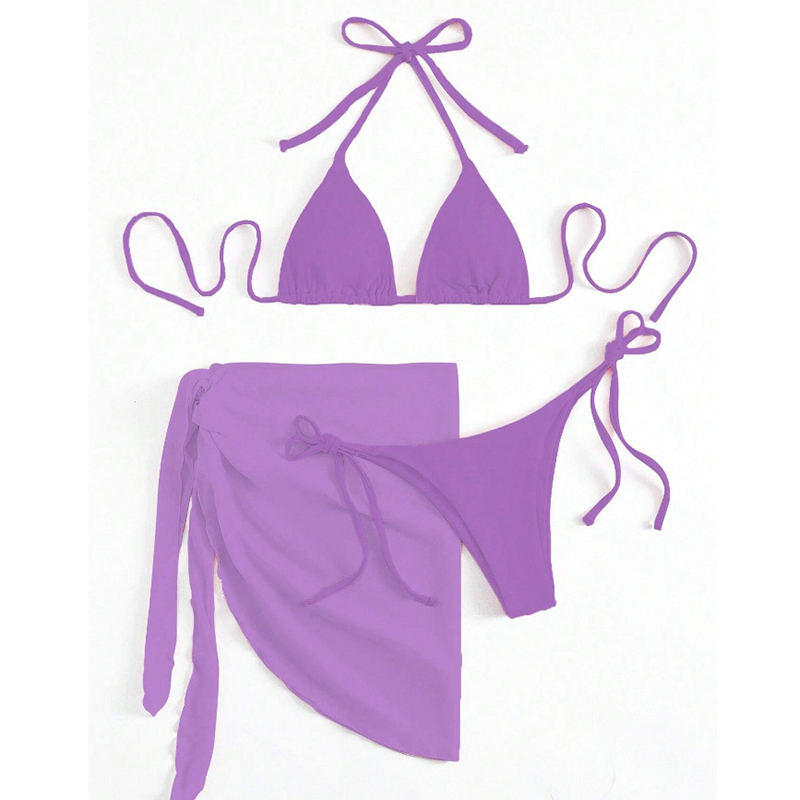 Fashion Purple Polyester Halterneck Strappy Two-piece Swimsuit Bikini Beach Skirt Set