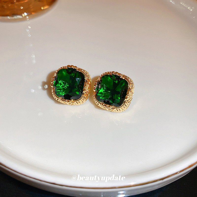 Fashion 108# Green (real Gold Plating) Metal Diamond Square Stud Earrings