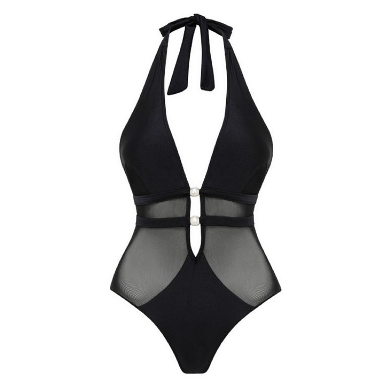 Fashion One-piece Swimsuit Polyester Mesh Halterneck Tie-up Swimsuit