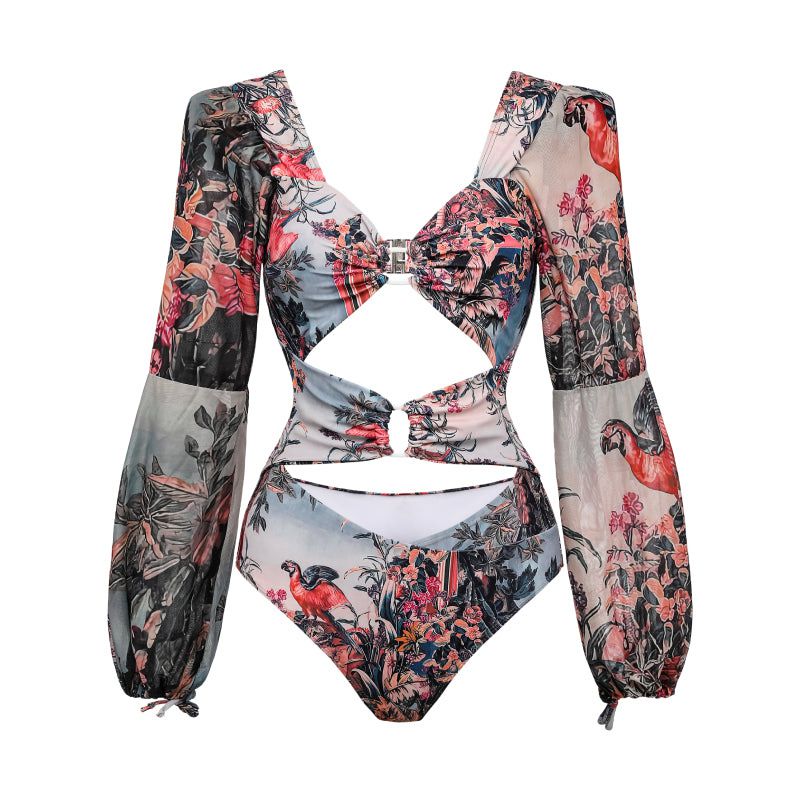 Fashion Single Long Sleeve Hollow One Piece Swimsuit Polyester Printed High Waist One Piece Swimsuit