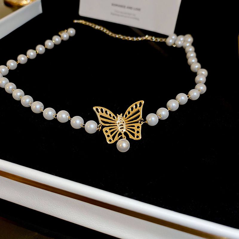 Fashion Necklace-gold-white Pearl Beaded Butterfly Necklace
