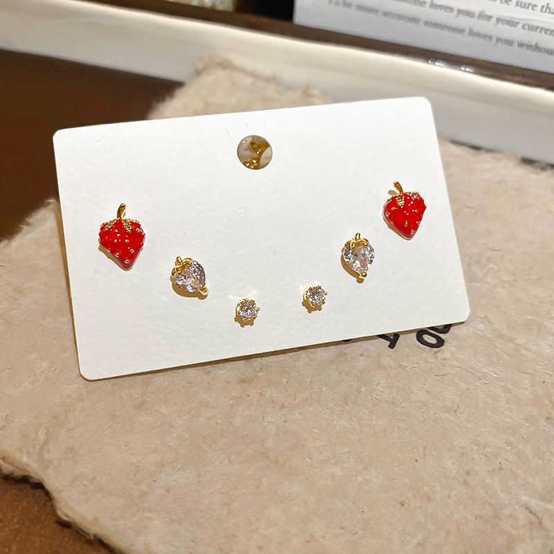 Fashion Gold (real Gold Plating) Set Copper Inlaid Zirconium Geometric Strawberry Earring Set