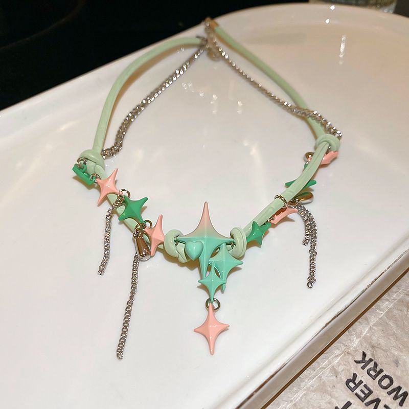 Fashion Necklace-green Alloy Diamond Five-pointed Star Necklace