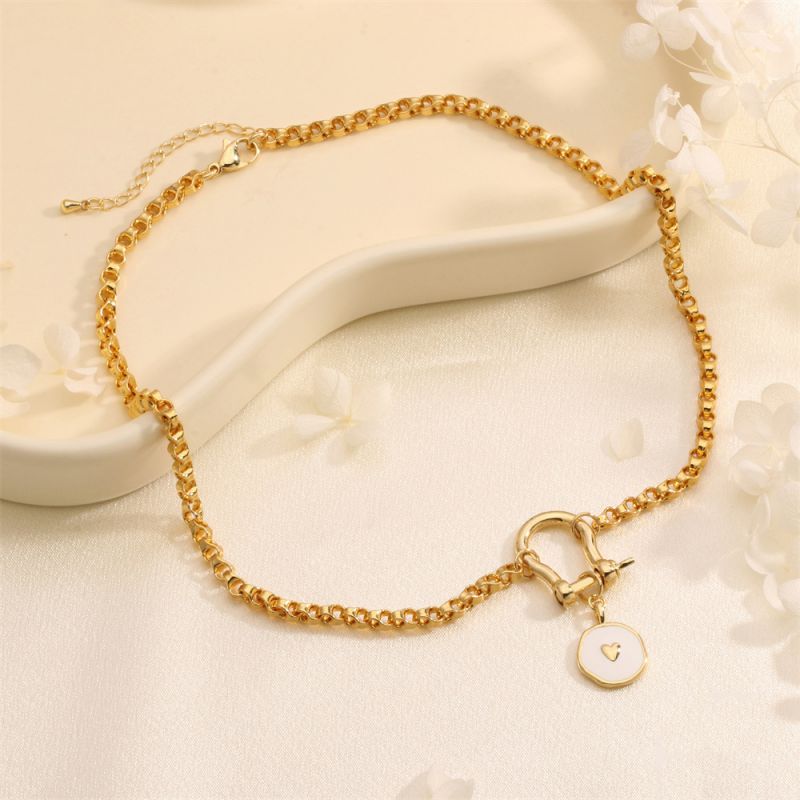 Fashion Gold Copper Studded Diamond Horseshoe Buckle Oil Drop Love Medal Necklace