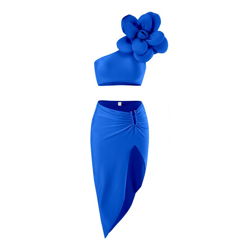 Fashion Blue Nylon Flower One-shoulder Slit Beach Skirt Split Swimsuit Three-piece Set
