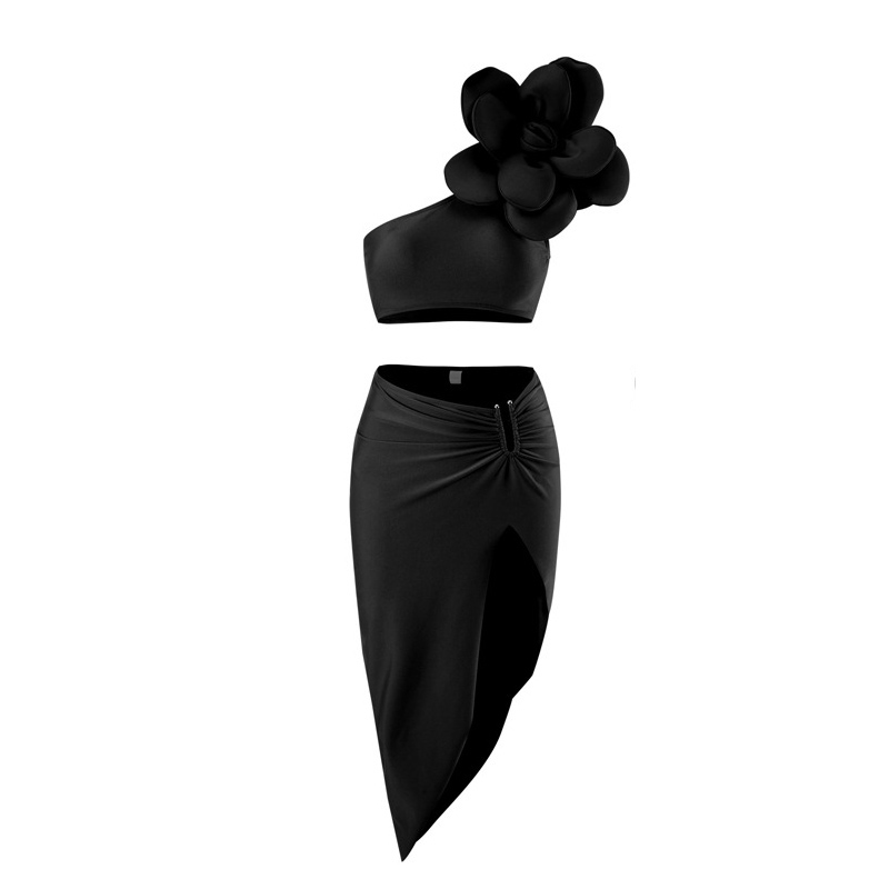 Fashion Black Nylon Flower One-shoulder Slit Beach Skirt Split Swimsuit Three-piece Set