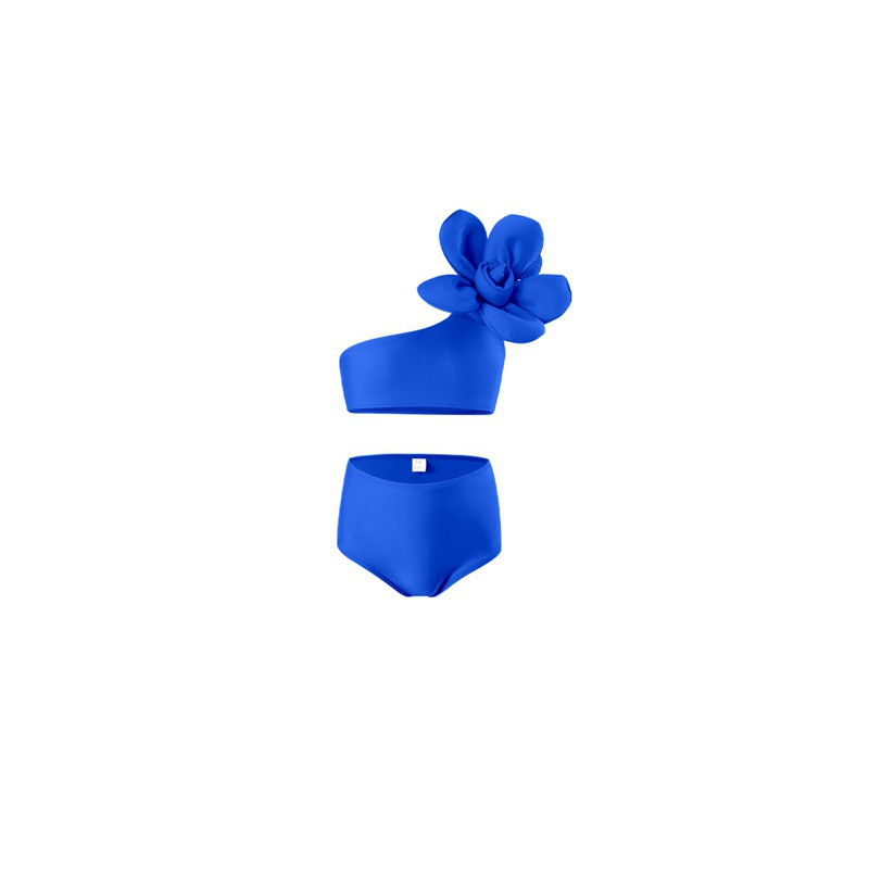 Fashion Blue Nylon Flower One-shoulder High-waist Children's One-piece Swimsuit