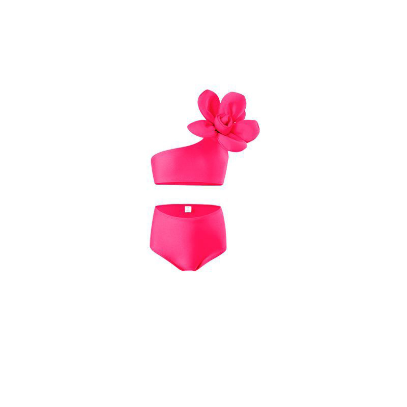 Fashion Magenta Nylon Flower One-shoulder High-waist Children's One-piece Swimsuit