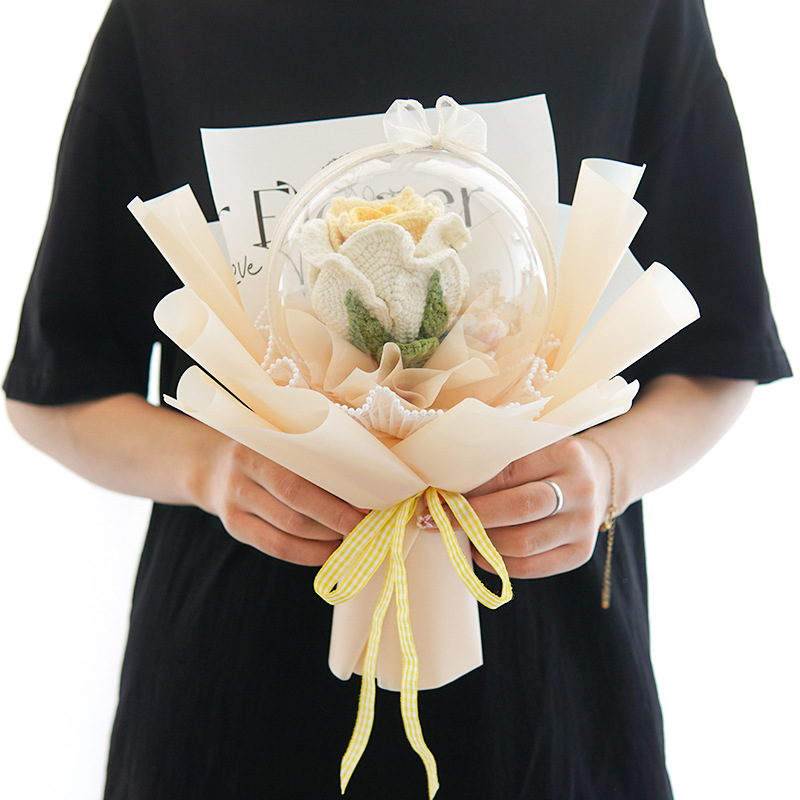 Fashion Yellow Hand Holding Finished Thai Rose Product Wool Knitting Simulation Bouquet