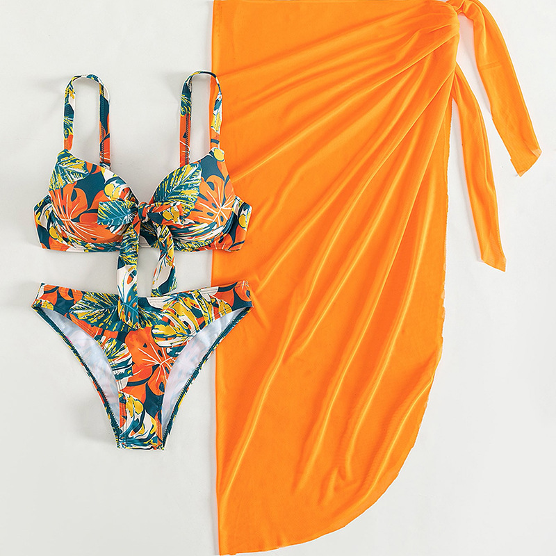 Fashion Orange Polyester Printed Swimsuit Bikini Beach Skirt Set