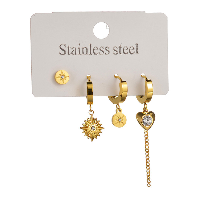 Fashion Gold Stainless Steel Diamond Love Earrings Set