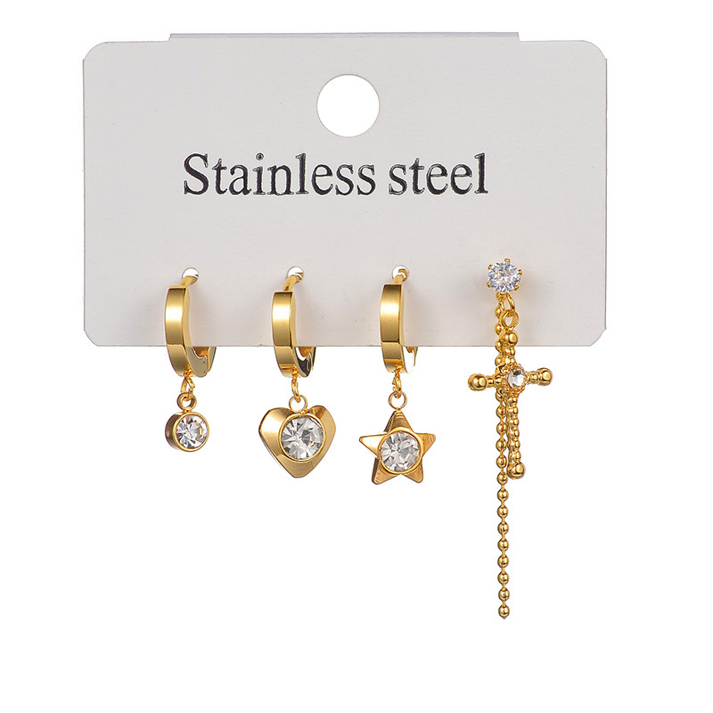 Fashion Gold Stainless Steel Diamond Heart Star Cross Earring Set