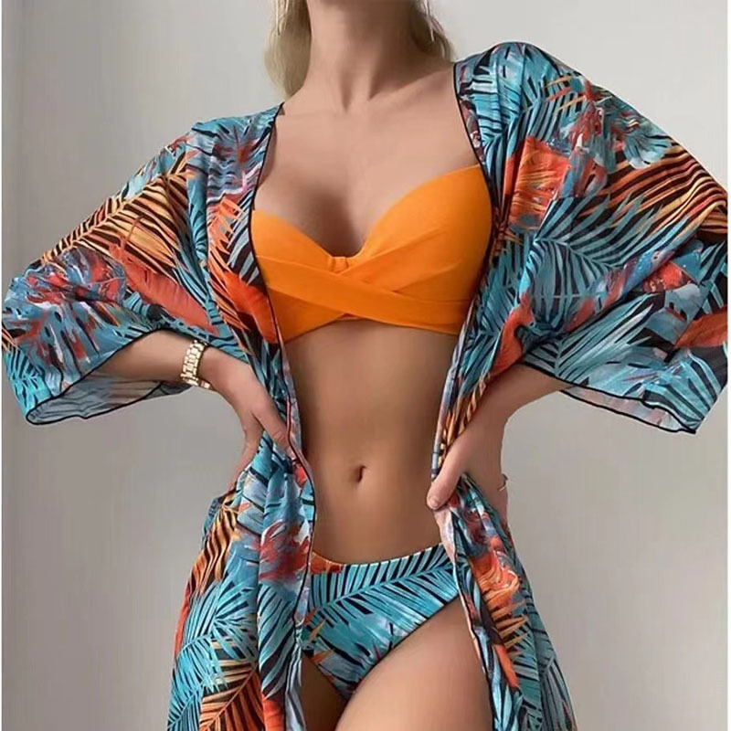 Fashion Sunflower Color Nylon Floral Split Swimsuit Bikini Cover-up Three-piece Set