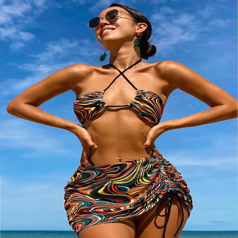 Fashion Color Nylon Printed Halterneck Hollow Split Swimsuit Bikini Three-piece Set
