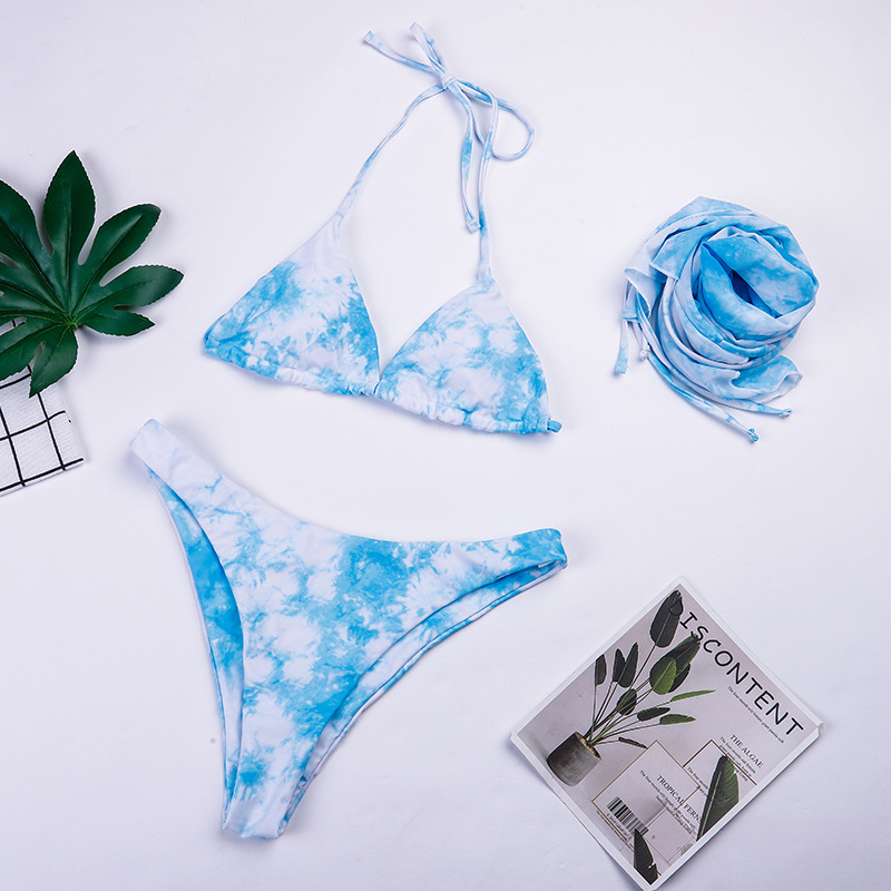 Fashion Sky Blue Nylon Tie-dye Split Swimsuit Bikini Three-piece Set