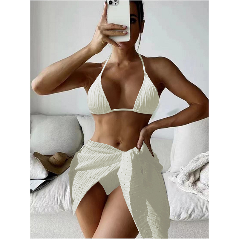 Fashion Apricot Nylon Halterneck Split Swimsuit Bikini Three-piece Set
