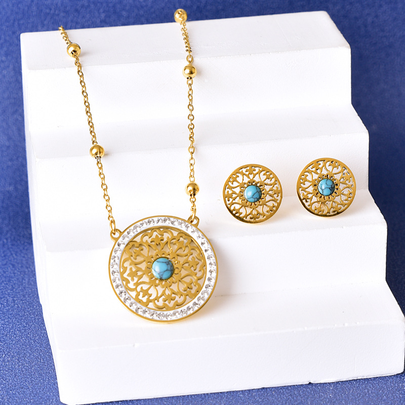 Fashion Set 3 Stainless Steel Pattern Medallion Necklace And Earrings Set