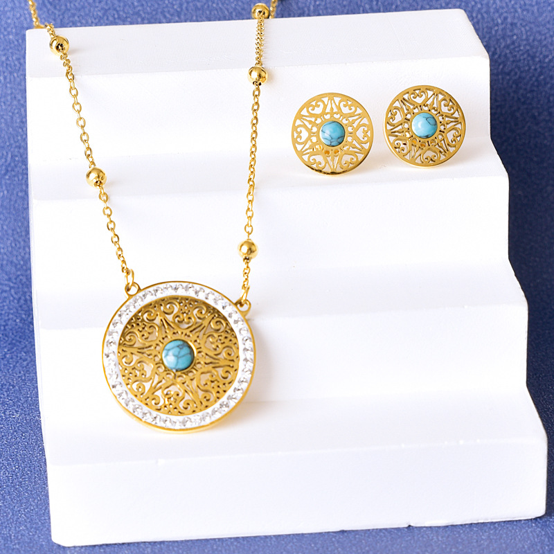 Fashion Set 3 Titanium Steel And Diamond Blue Pine Round Necklace And Earrings Set