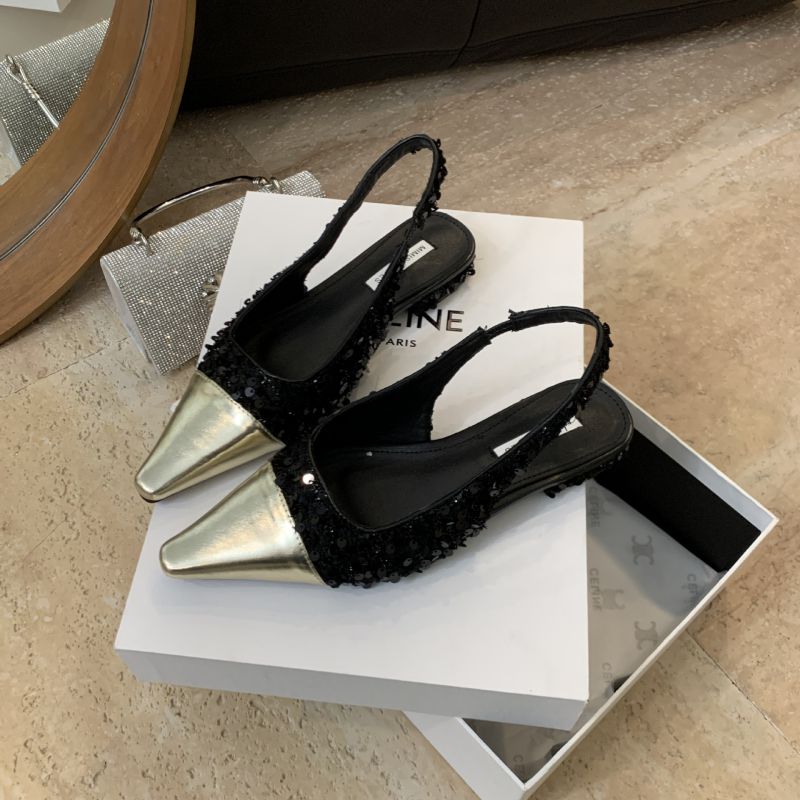 Fashion Black Metal Pointed Toe Sequined Back Sandals