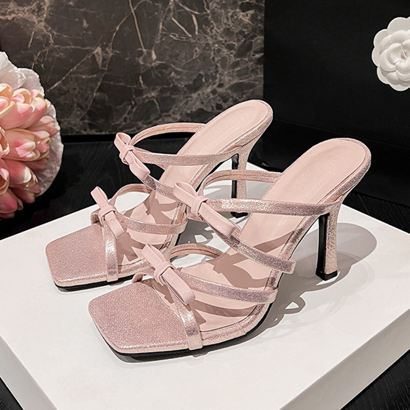 Fashion Pink Square Toe Double Bow High Heel Sandals