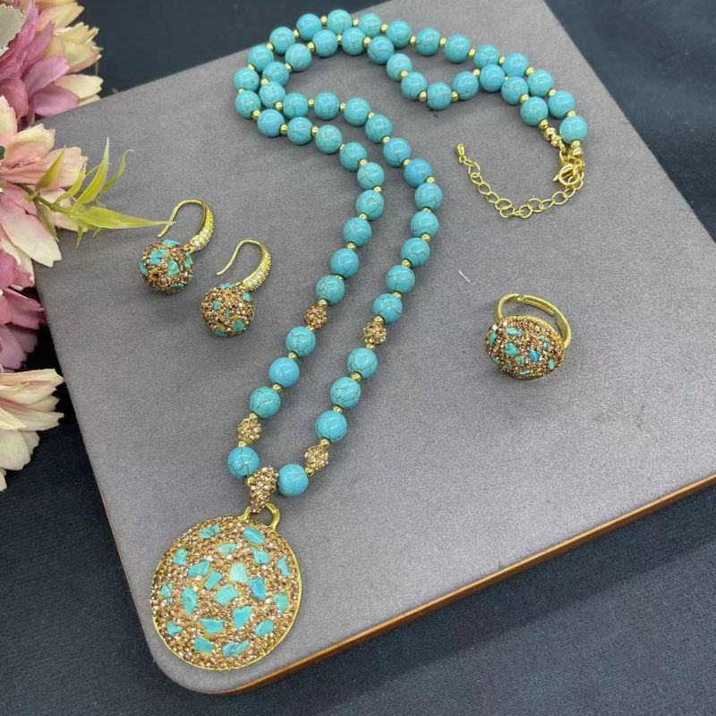 Fashion Suit Turquoise Beaded Round Necklace Ring Earrings Set